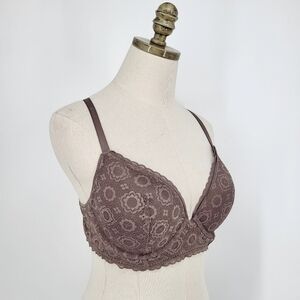 Aerie Floral Lace Push Up Bra Plunge Underwire Tan Brown Racerback 36C